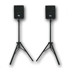 Load image into Gallery viewer, Pair of 8" PA Speakers with two tripod speaker stands
