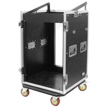 Load image into Gallery viewer, 16 Space Rack Case with 10 Space Slant Mixer Top and DJ Work Table
